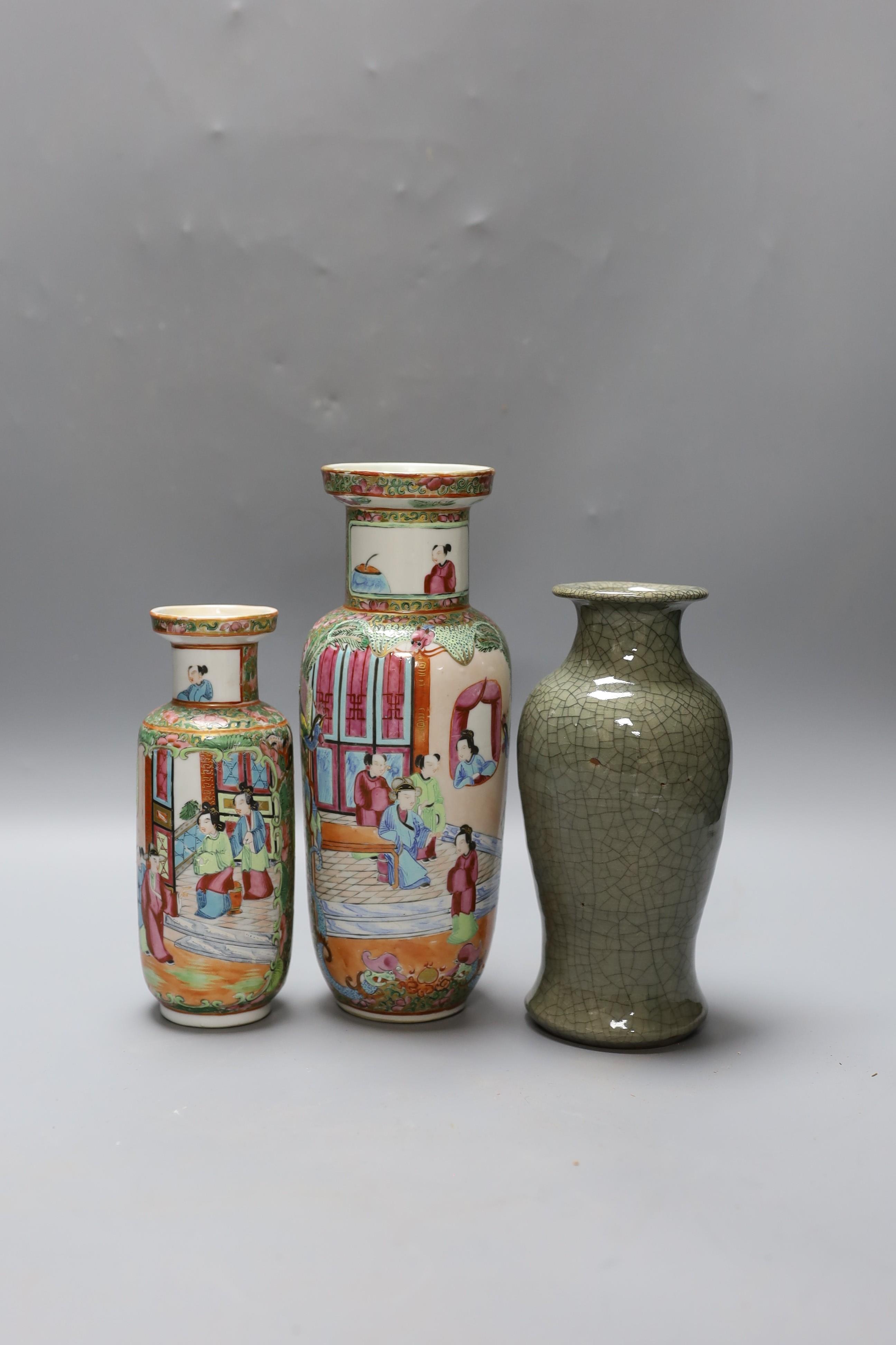 Two Chinese famille rose vases and a Celadon crackle glazed vase, 19th-century and later, tallest 25 cm